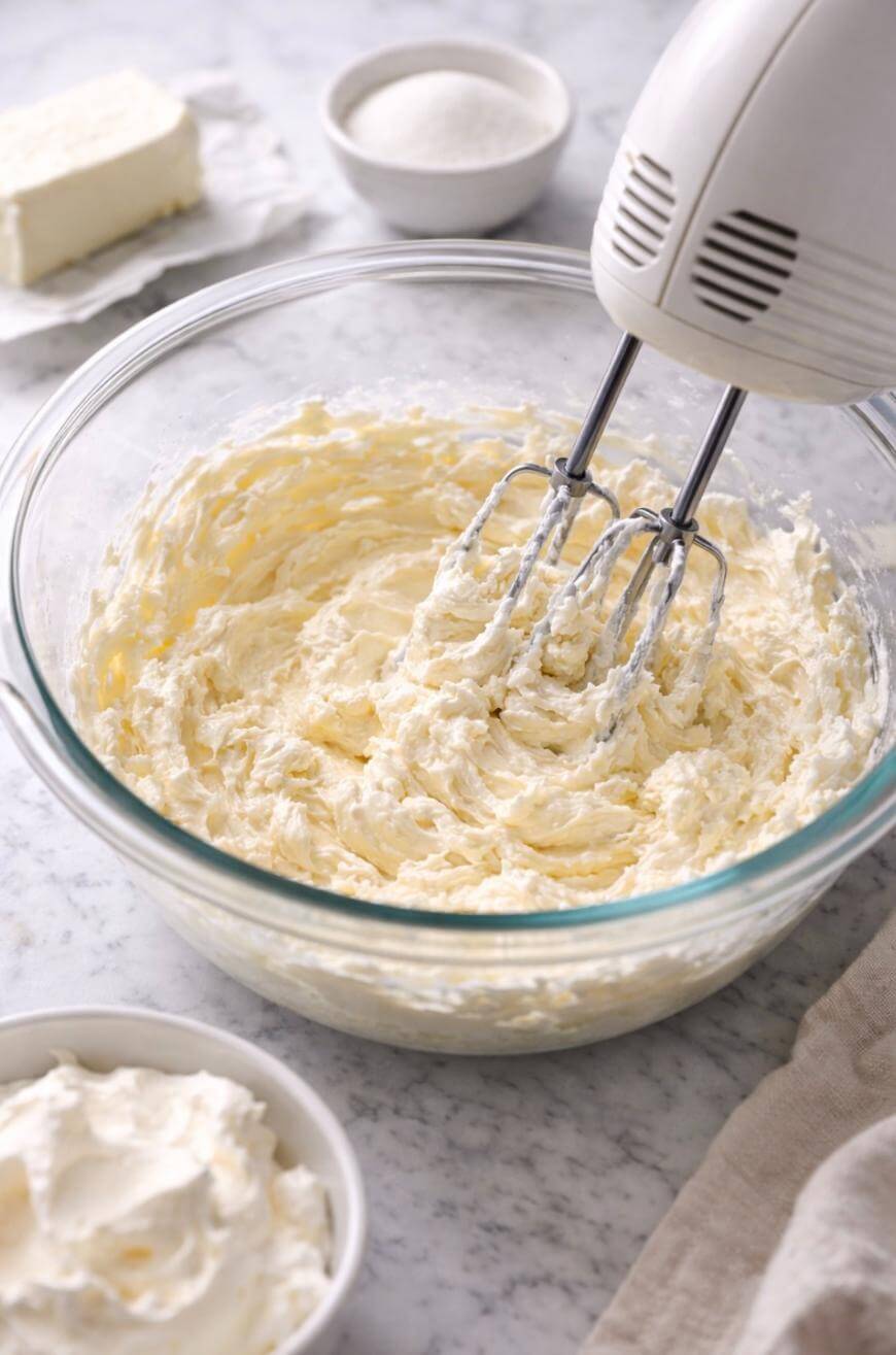 A hand mixer blending creamy batter in a glass bowl on a marble countertop, with bowls of sugar, cream cheese, and a block of butter nearby.