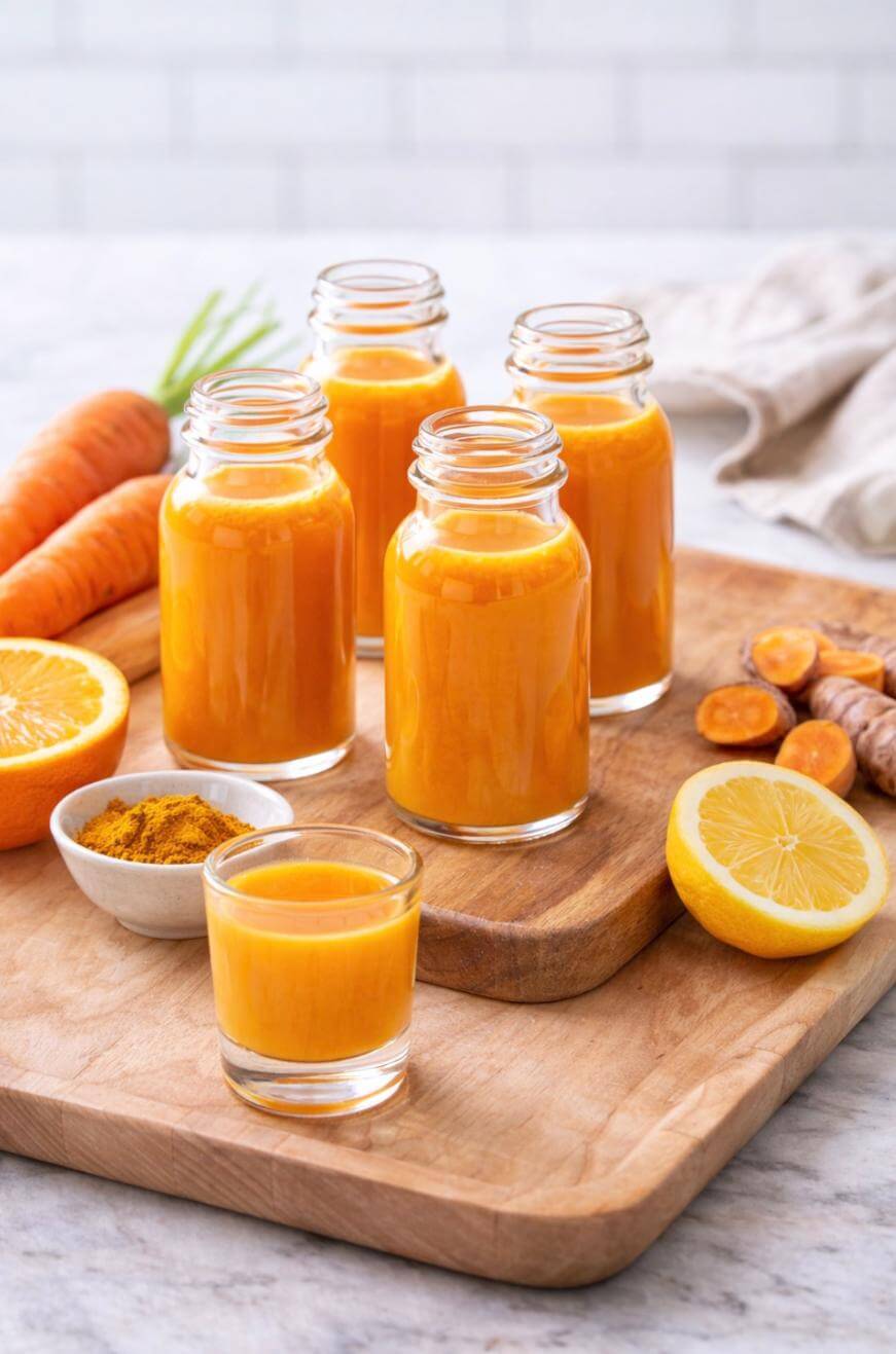 Several glass bottles and a small glass filled with bright orange juice sit on a wooden board, surrounded by fresh carrots, sliced lemon, sliced turmeric root, an orange half, and a bowl of turmeric powder.