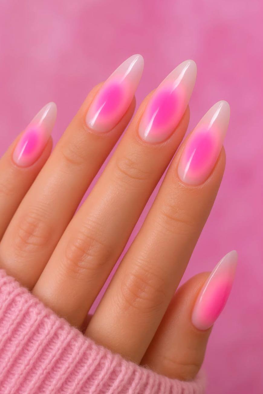 A hand with long, almond-shaped nails painted in a pink ombre design, fading from light pink at the base to a brighter pink at the tips. The person is wearing a pink knitted sweater. The background is pink.