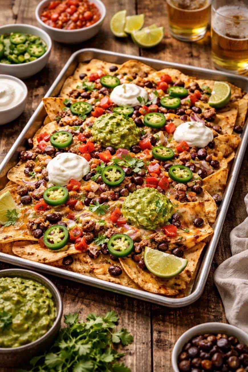 A tray of loaded nachos topped with black beans, ground meat, melted cheese, guacamole, sour cream, jalapeño slices, diced tomatoes, and lime wedges, surrounded by bowls of salsa, jalapeños, beans, and drinks.
