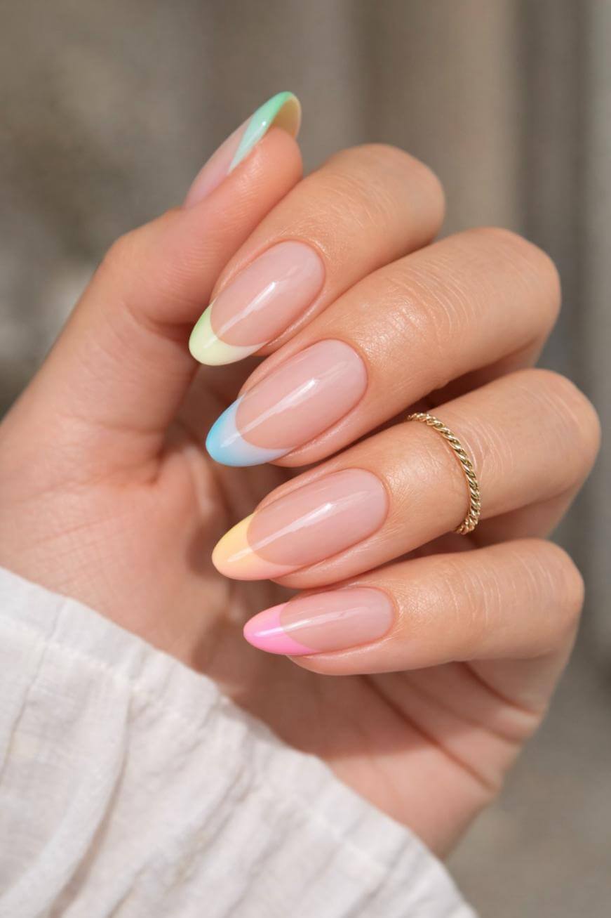A hand with almond-shaped nails features a pastel French manicure in yellow, green, blue, orange, and pink tips. The person wears a gold twisted ring and a white sleeve is partially visible.