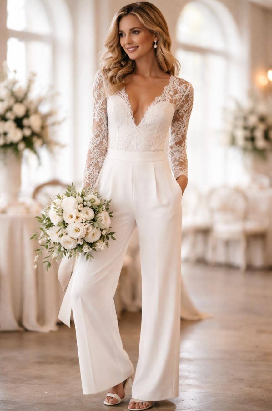 A bride stands indoors holding a bouquet of white flowers, wearing a white lace long-sleeve jumpsuit with wide-leg pants and deep V-neckline, surrounded by elegant white floral arrangements.