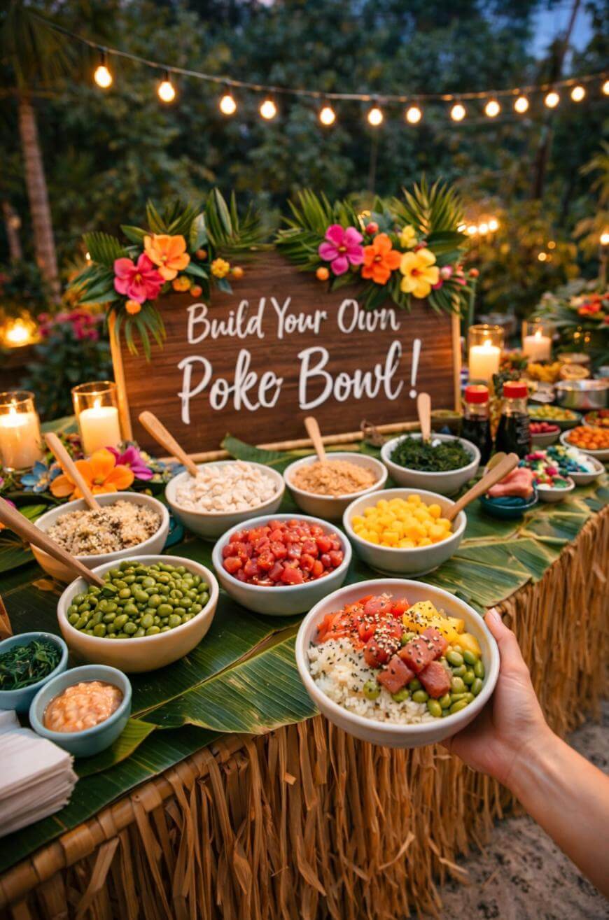 A tropical outdoor setup with a “Build Your Own Poke Bowl!” sign behind a table filled with various poke bowl ingredients, garnished with flowers and candles. A hand holds a finished poke bowl in the foreground.