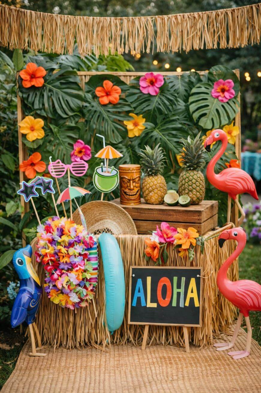 A colorful tropical-themed party table decorated with flamingo figures, pineapples, leis, sunglasses props, flowers, palm leaves, coconuts, and a sign that says ALOHA with a grass skirt fringe around the table.