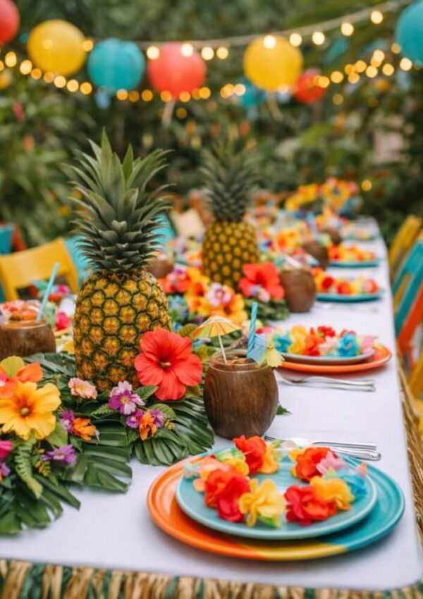 A festive outdoor table is decorated with pineapples, colorful flowers, tropical leaves, bright plates, and coconuts. Hanging lanterns and string lights add to the vibrant, tropical luau party atmosphere.