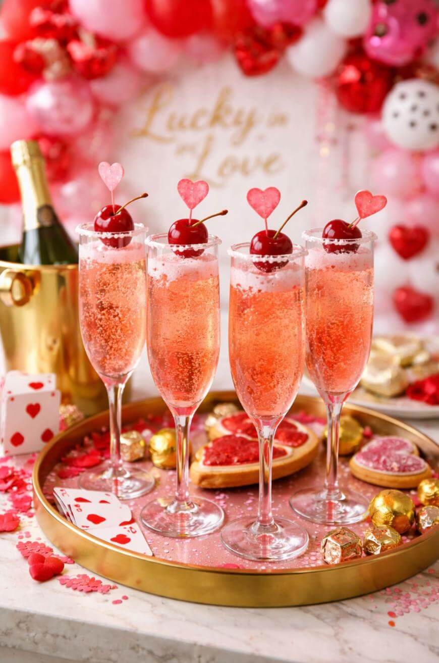 Four pink sparkling cocktails in champagne glasses, each garnished with a cherry and heart-shaped stirrer, sit on a gold tray with playing cards, chocolates, and a festive balloon backdrop.