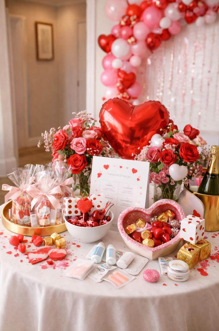 A round table decorated for Valentines Day with red and pink roses, a heart-shaped balloon, sweets, chocolates, small gifts, and beauty products. A pink and red balloon garland hangs in the background.