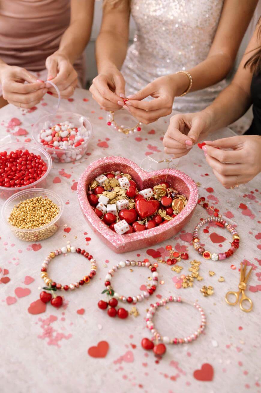 Three people sit at a table making beaded bracelets with red, gold, and white beads. A heart-shaped bowl filled with candy is in the center, surrounded by scattered beads and finished bracelets.