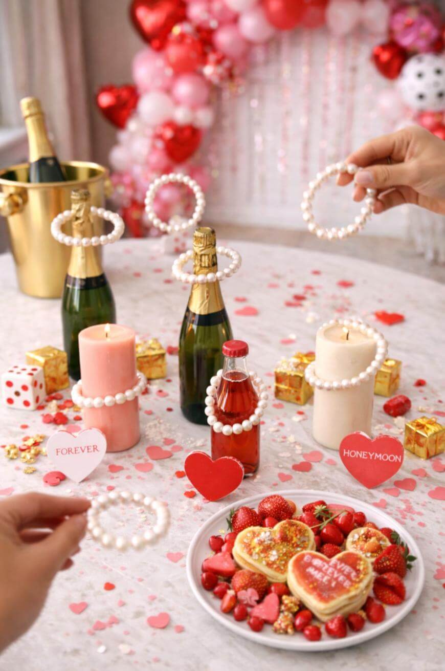 A romantic table setup with champagne bottles, candles, pearl bracelets, heart-shaped cookies, strawberries, red and pink decorations, and heart cards reading FOREVER and HONEYMOON. Hands hold pearl bracelets.