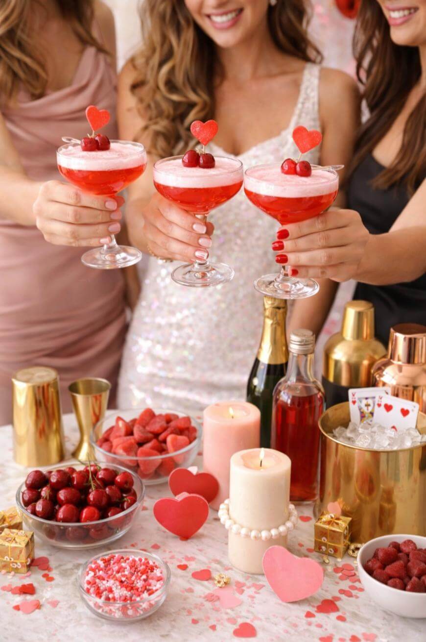 Three women hold pink cocktails garnished with cherries and heart toppers over a table decorated with candles, berries, heart cutouts, and gold cocktail shakers, creating a festive and romantic atmosphere.