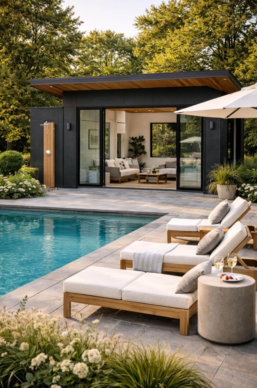 Modern poolside lounge with cushioned wooden chairs, towels, and drinks beside a clear blue swimming pool. In the background, a sleek pool house with open glass doors and a cozy seating area is surrounded by greenery.