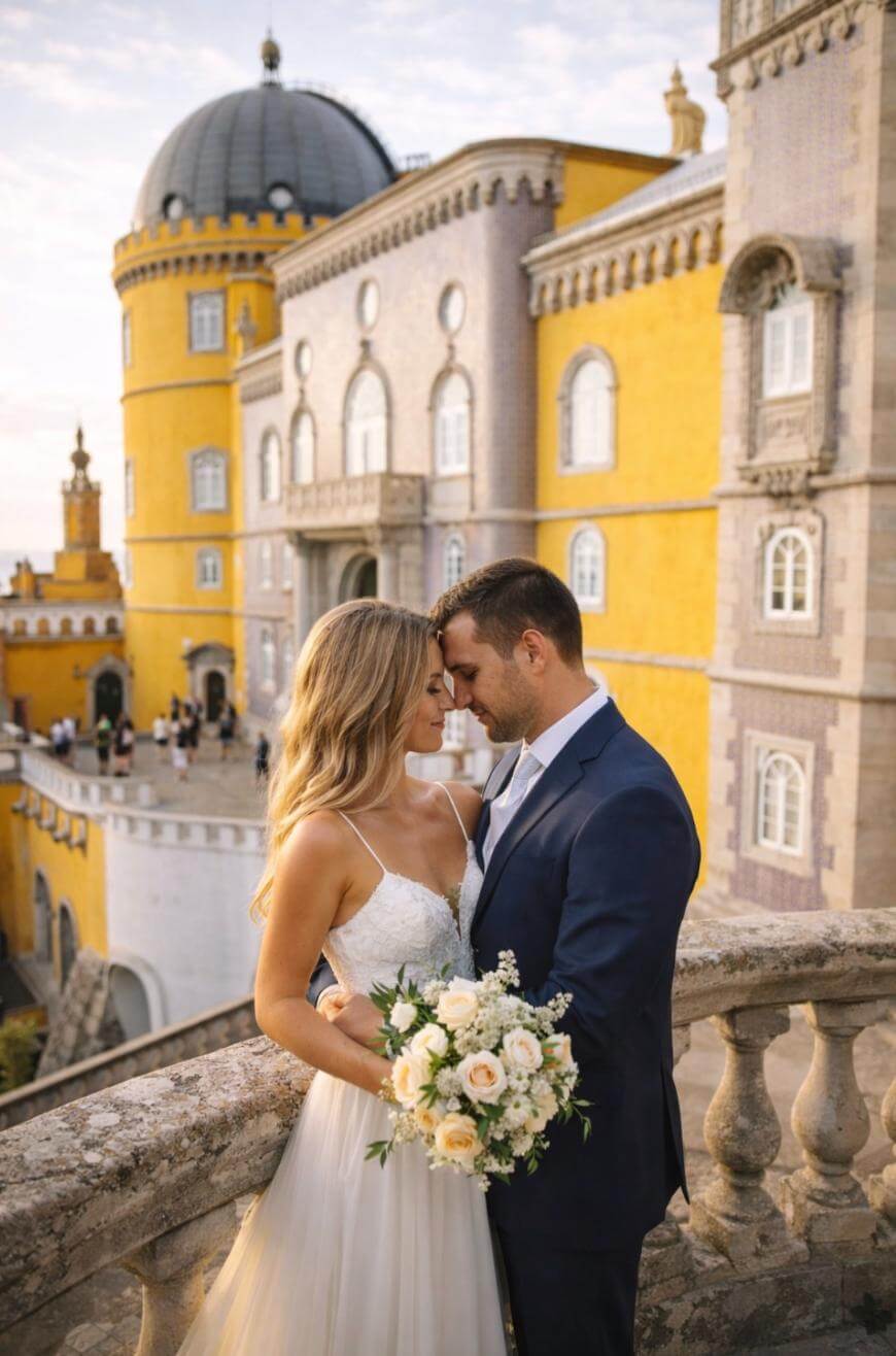 A bride and groom in wedding attire embrace on a stone balcony, holding a bouquet of white flowers. Behind them is a vibrant yellow palace with domes and arched windows, bathed in warm sunlight.