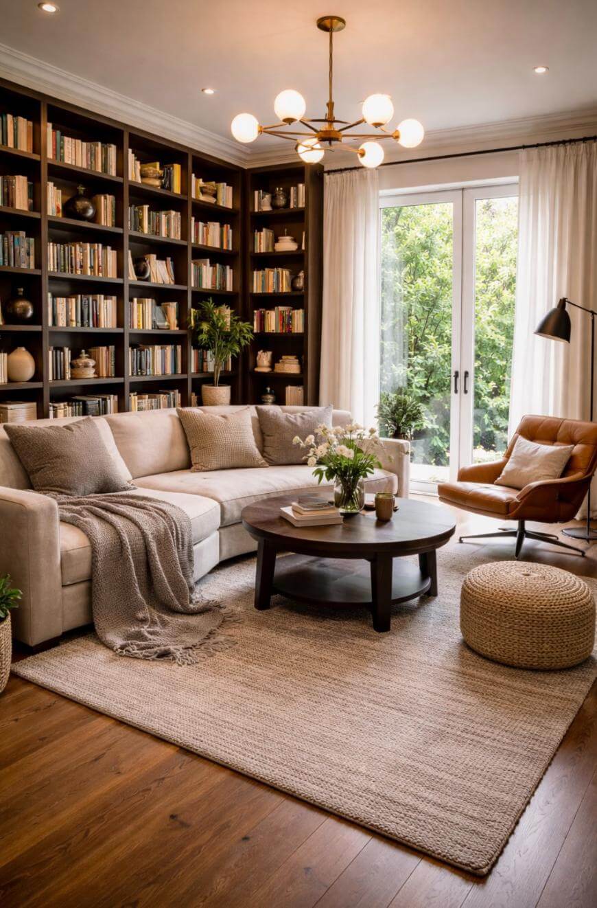 Cozy living room with a beige sectional sofa, a round coffee table, a tan armchair, a pouf, and a large bookshelf. French doors with sheer curtains open to greenery outside. Warm lighting and neutral decor create an inviting atmosphere.