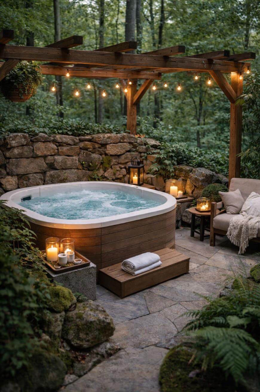 A cozy outdoor hot tub surrounded by stone walls and lush greenery, with string lights overhead, candles, a lantern, and a cushioned chair with a blanket, creating a relaxing atmosphere in a forest setting.