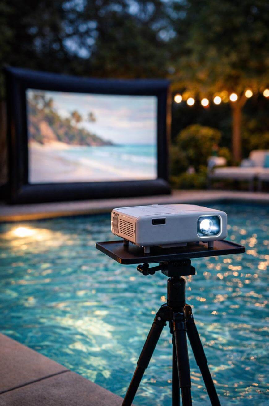 A projector on a tripod stands by a swimming pool, projecting an image of a beach scene onto an outdoor inflatable screen. String lights and trees are visible in the background, creating a cozy atmosphere.