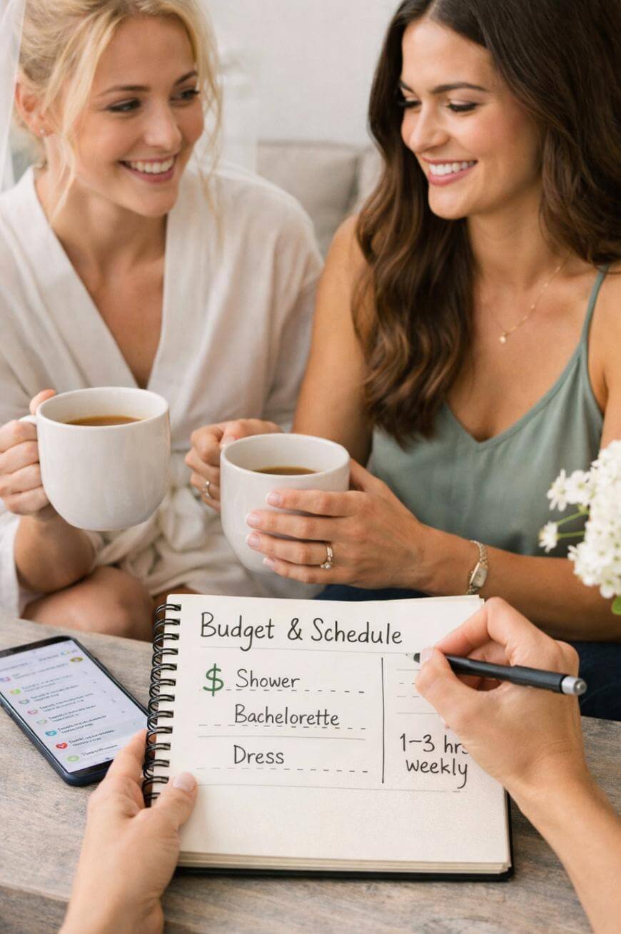 Two women smiling and holding mugs sit beside someone writing “Budget & Schedule: Shower, Bachelorette, Dress, 1-3 hr weekly” in a notebook; a smartphone lies nearby displaying a checklist.