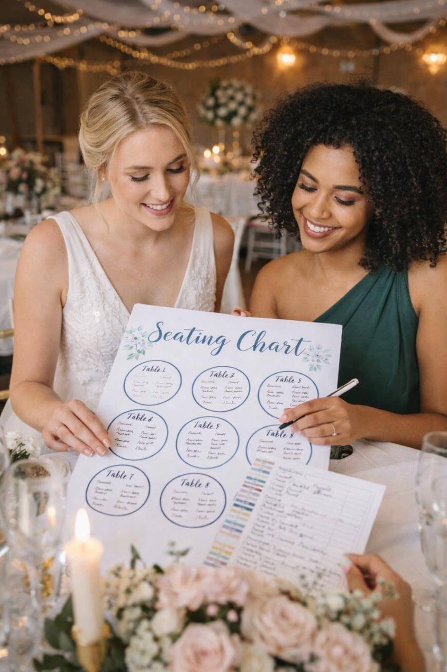 Two women in formal dresses sit at a decorated table, smiling while looking at a wedding seating chart. The background features string lights and floral arrangements, creating a festive and elegant atmosphere.