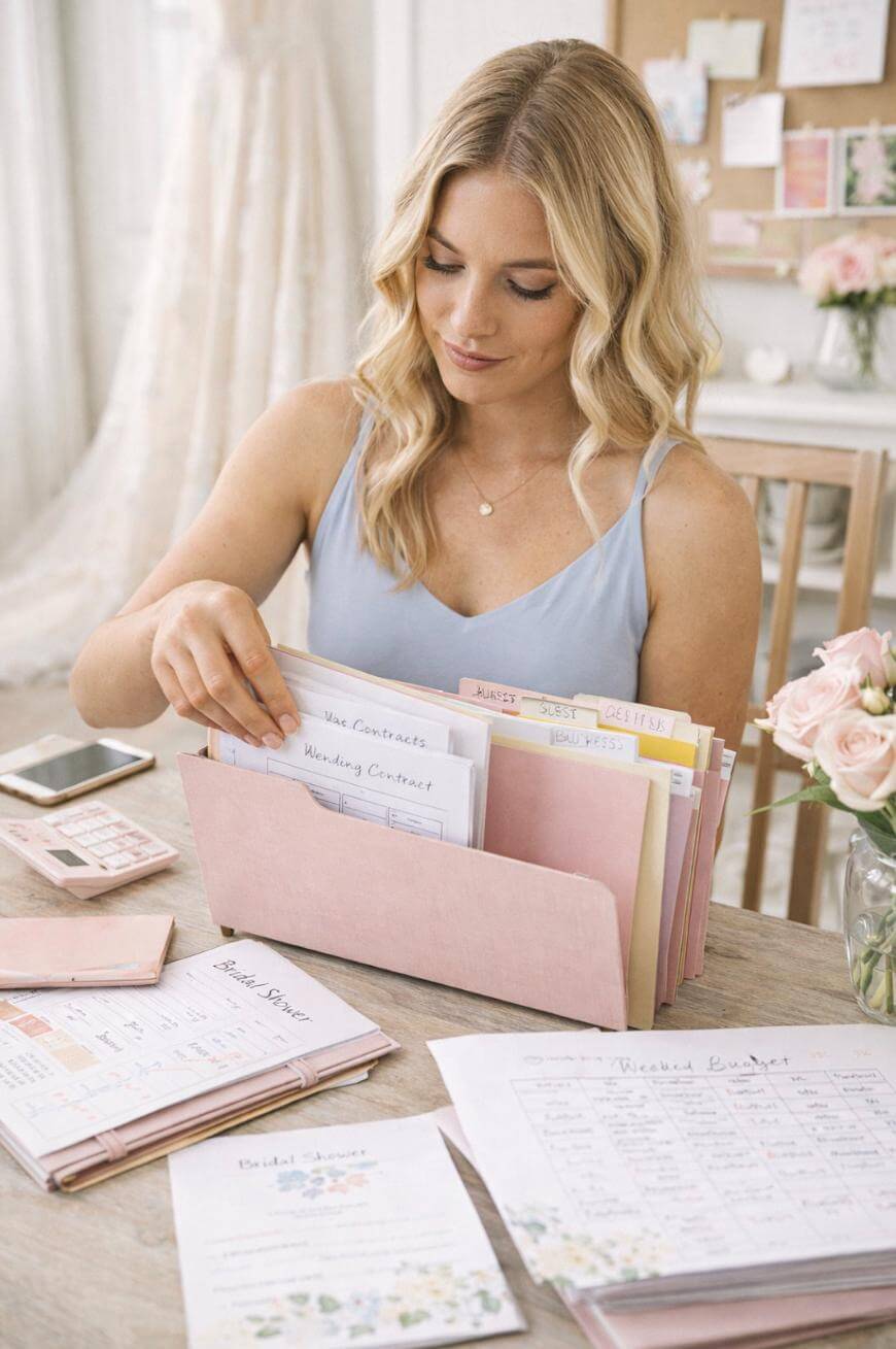 A woman with blonde hair sits at a table, organizing wedding planning documents in a pink folder. Wedding budget sheets, a smartphone, and a calculator are on the table, along with a vase of pink roses.
