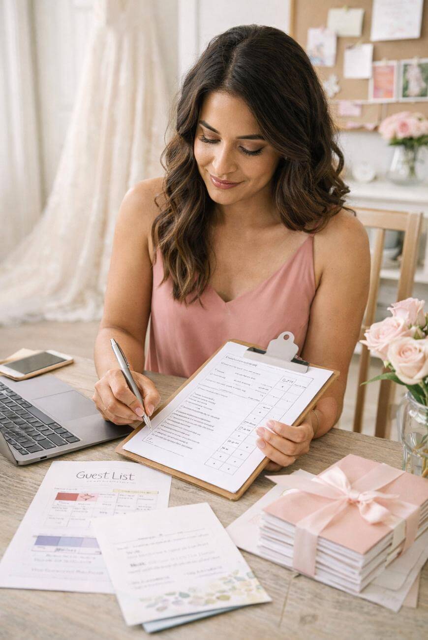 A woman in a pink dress sits at a table with a laptop, flowers, and stationery, smiling while filling out a checklist on a clipboard, surrounded by wedding planning materials and a wrapped gift.