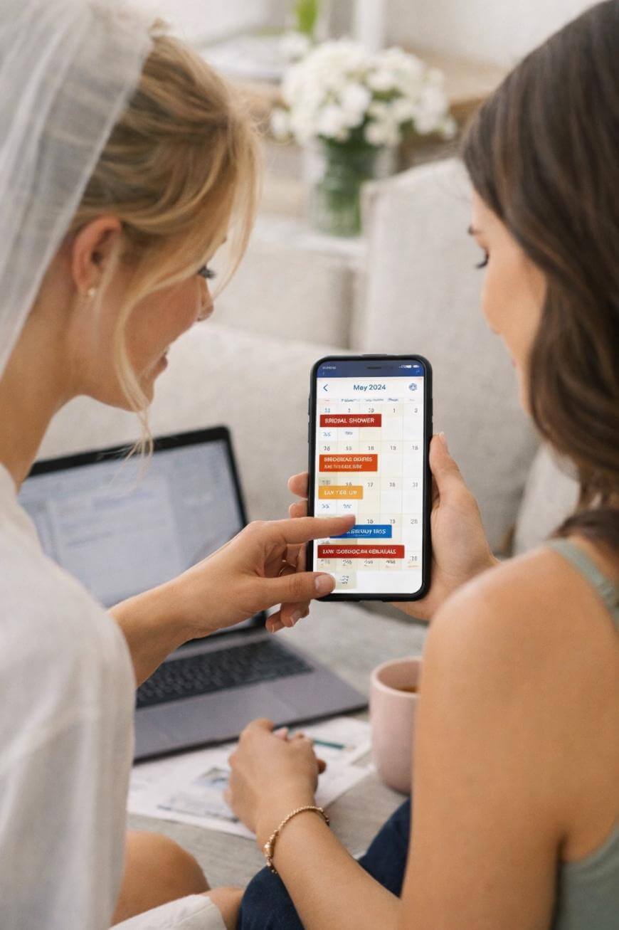 Two women sitting together look at a smartphone displaying a colorful calendar app for May 2024. A laptop and papers are on the table nearby, and a vase of flowers is in the background.