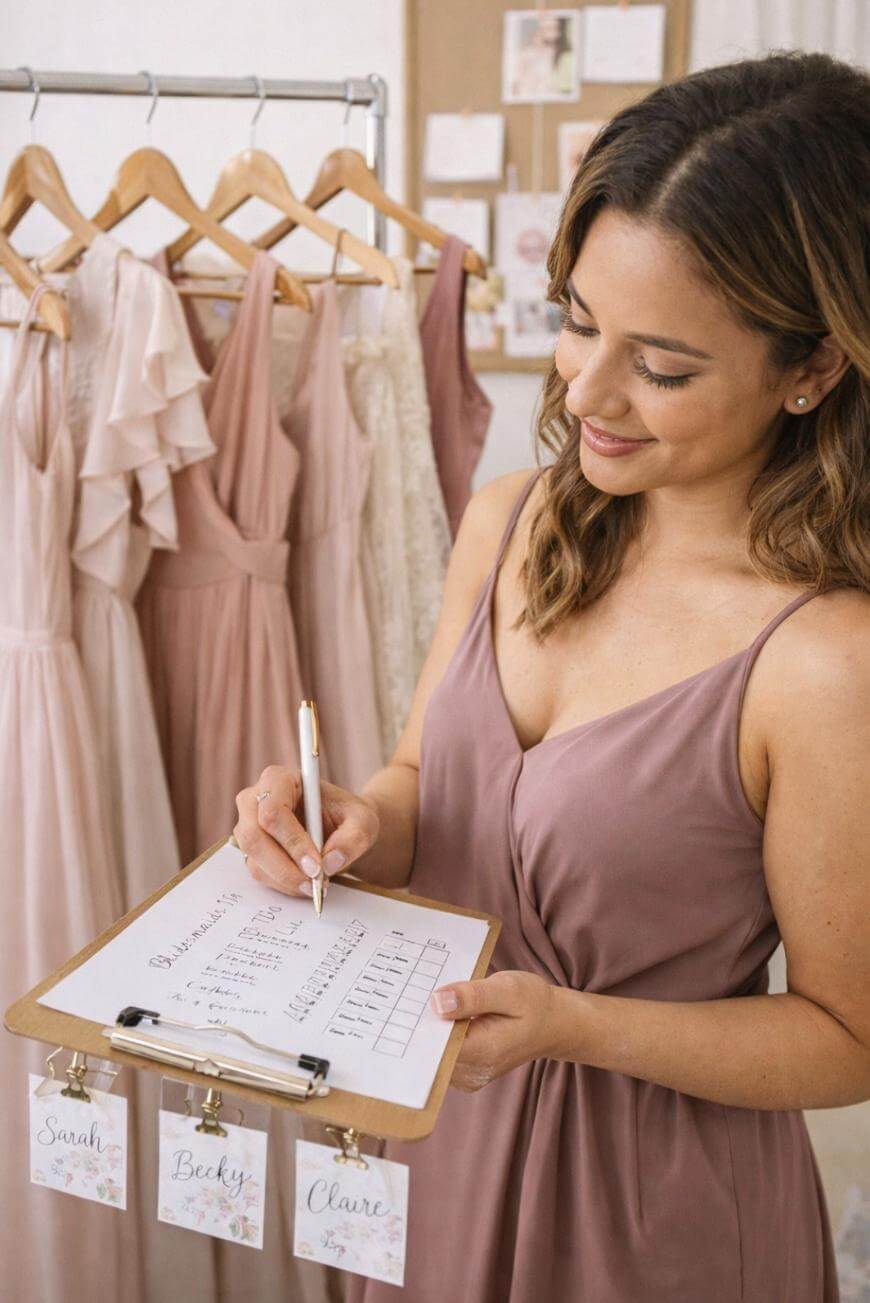 A woman in a mauve dress smiles while holding a clipboard and pen, checking a list. Behind her are several blush and beige dresses hanging on a rack. The clipboard has name tags reading Sarah, Becky, and Claire.