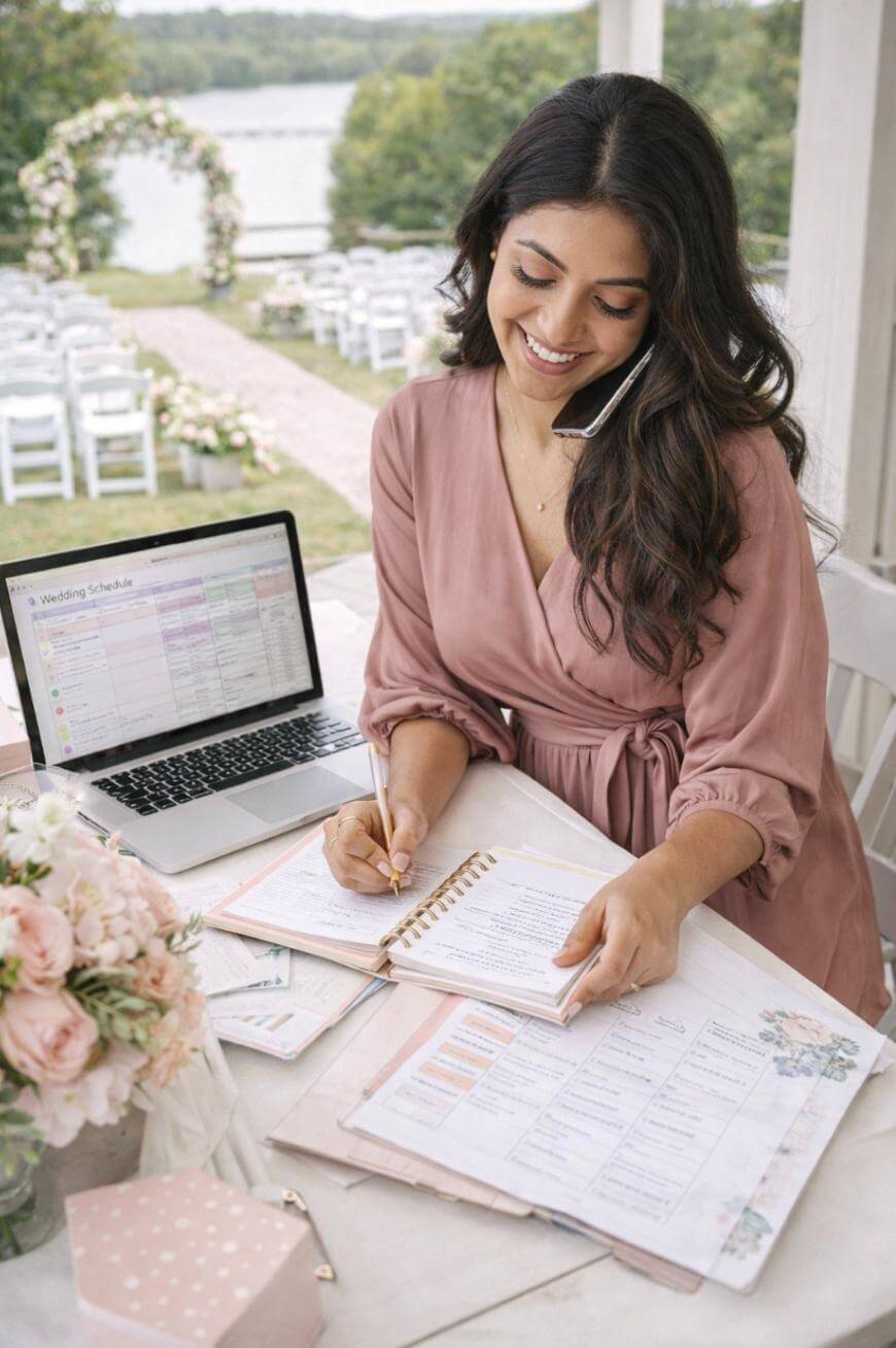 A woman in a mauve dress smiles while talking on the phone, writing in a planner at a desk with a laptop, flowers, and wedding documents. Outside, decorated chairs and an arch suggest a wedding event.