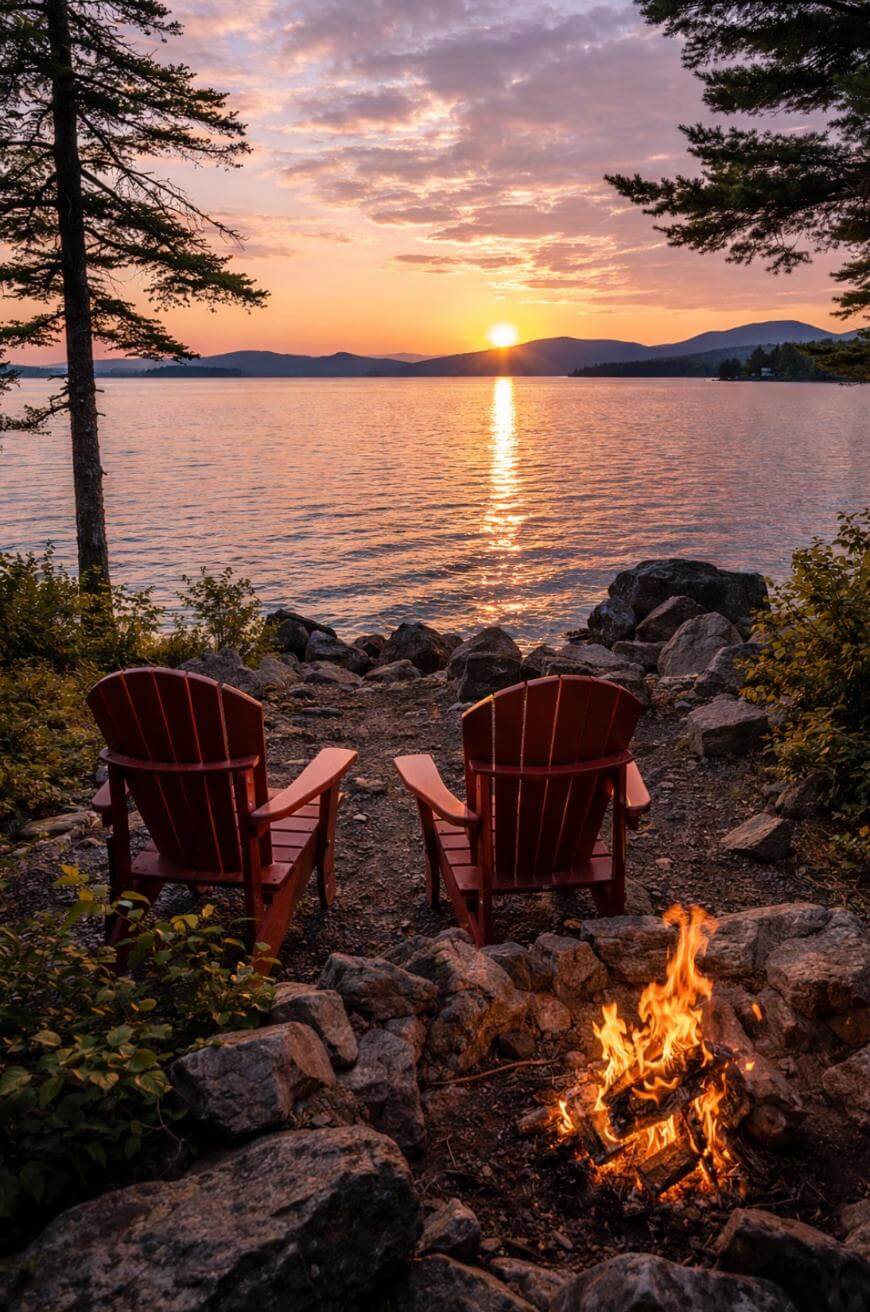 Two wooden chairs face a lake at sunset, with a small campfire burning in the foreground. The sky is orange and pink, and the sun is reflected on the calm water surrounded by rocks and trees.