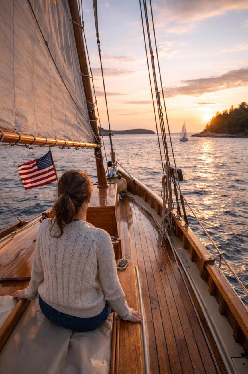 A person in a white sweater sits on the deck of a wooden sailboat at sunset, looking toward the water and distant sailboats, with an American flag on the stern and a scenic shoreline in the background.