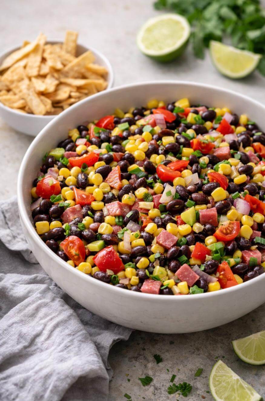 A large white bowl filled with a colorful bean salad containing black beans, corn, tomatoes, red onion, and green peppers. In the background, there’s a bowl of tortilla chips, lime wedges, and fresh cilantro.