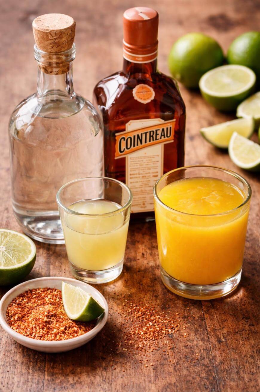 A bottle of clear liquor, a bottle of Cointreau, a glass of yellow juice, a glass of lime juice, halved limes, and a small plate of chili powder with a lime wedge, all on a wooden surface.