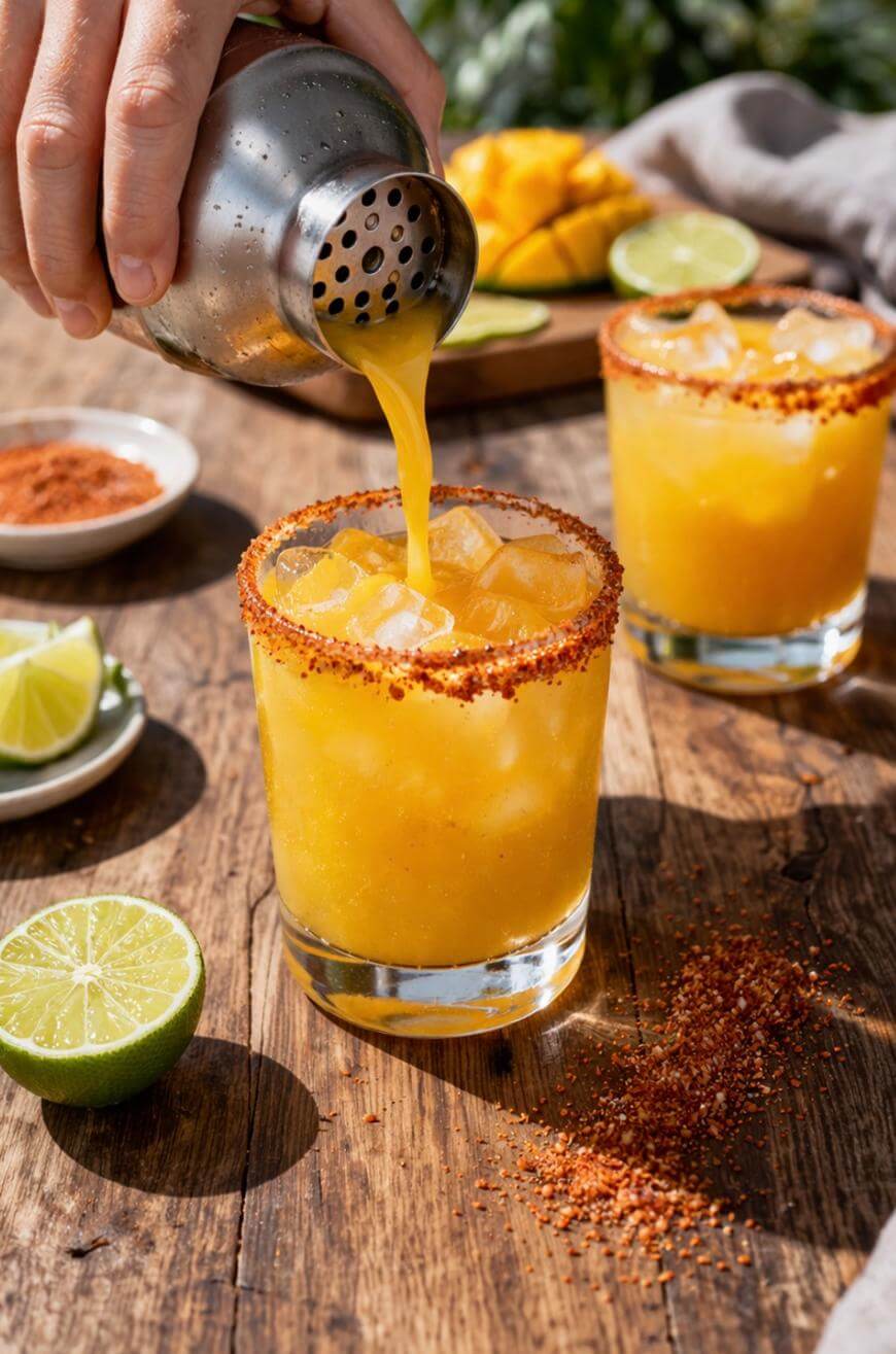 A hand pours a bright yellow cocktail from a shaker into a glass with ice and a chili powder rim. Another similar drink, limes, and mango slices are on a wooden table in the background.