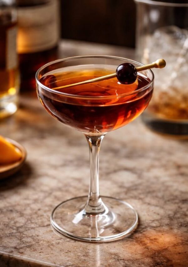A classic cocktail in a coupe glass garnished with a dark cherry on a cocktail pick, set on a marble surface with blurred bottles and a mixing glass in the background.