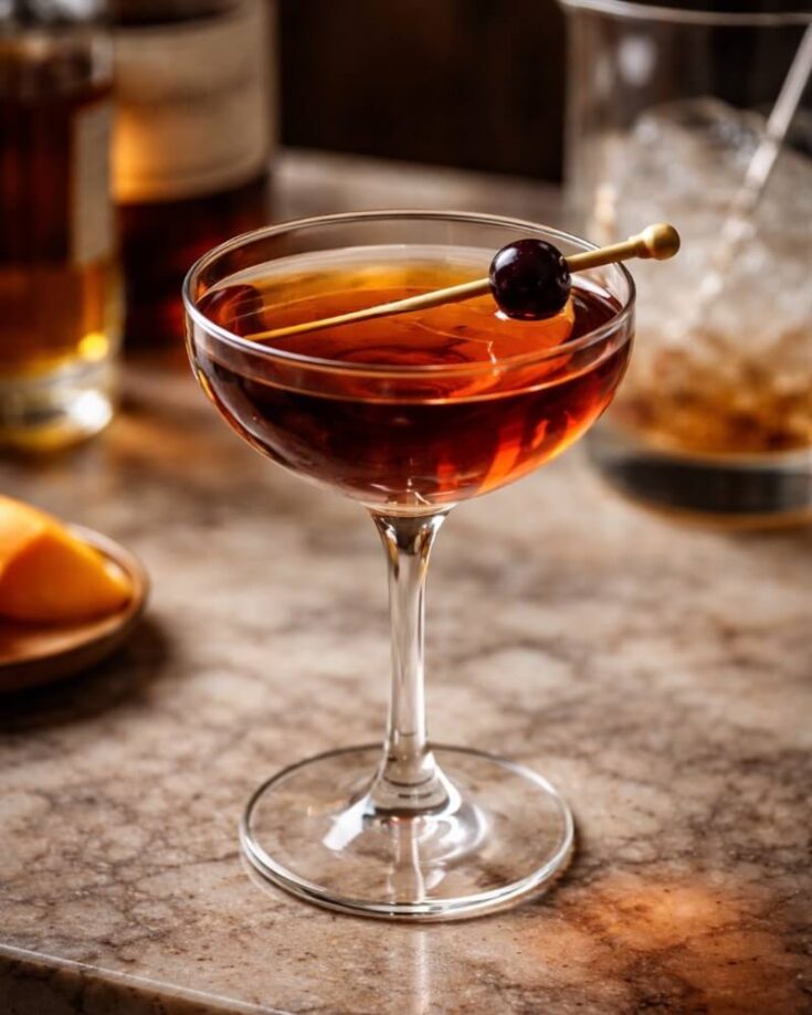 A classic cocktail in a coupe glass garnished with a dark cherry on a cocktail pick, set on a marble surface with blurred bottles and a mixing glass in the background.