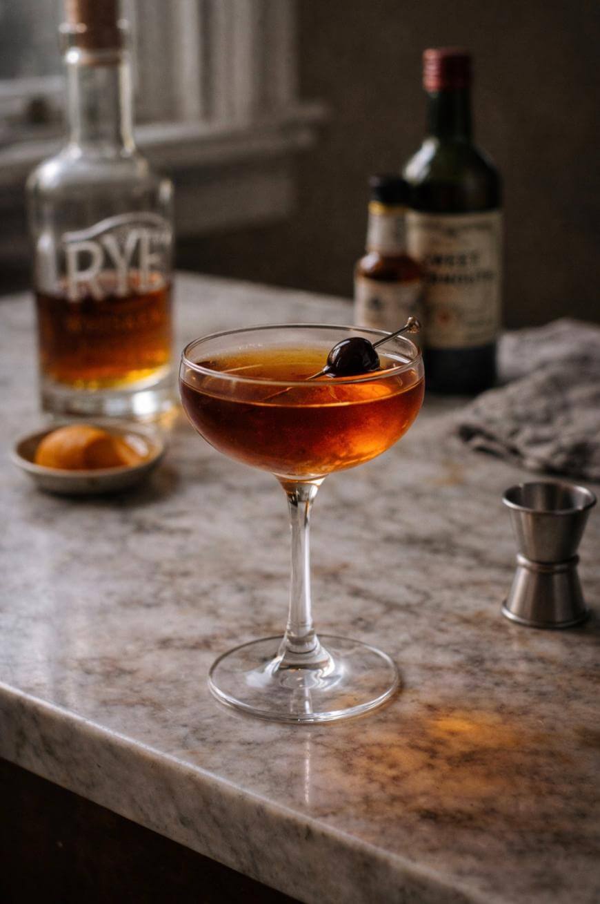 A Manhattan cocktail garnished with a cherry in a coupe glass sits on a marble countertop, with a bottle of rye whiskey, a bottle of vermouth, an orange, and a jigger in the background.