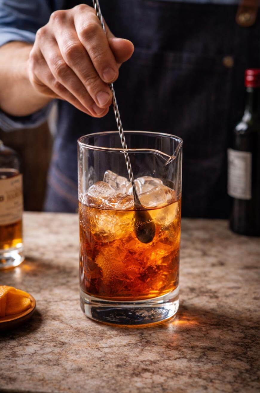 A person stirs an amber cocktail with ice in a glass using a metal bar spoon, with bottles and an orange peel on the countertop nearby.