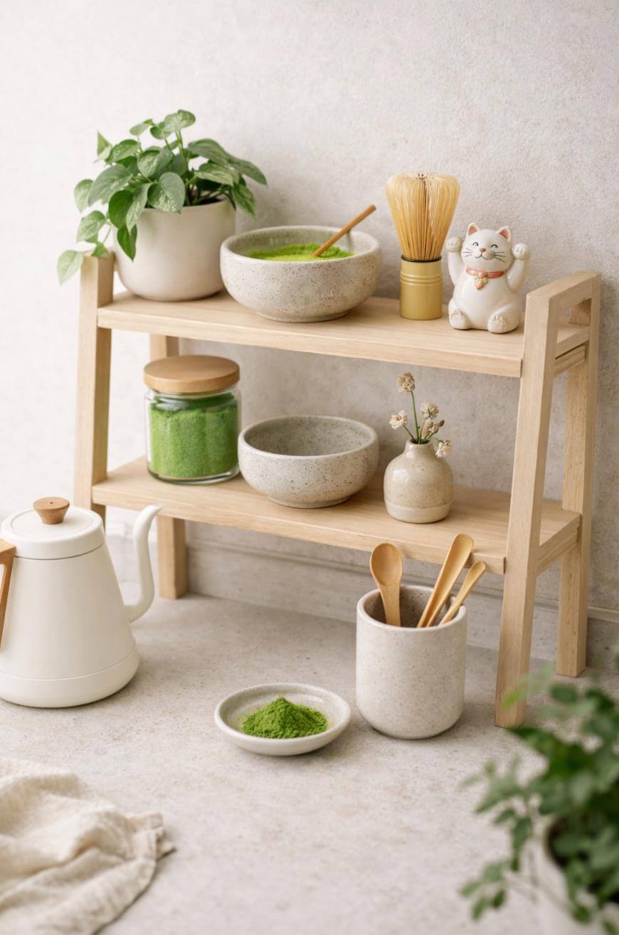 A wooden shelf holds ceramics, a jar of green powder, a potted plant, a whisk, and a Maneki-neko figurine. Below are a white teapot, a bowl with green powder, and a cup with wooden utensils on a light surface.