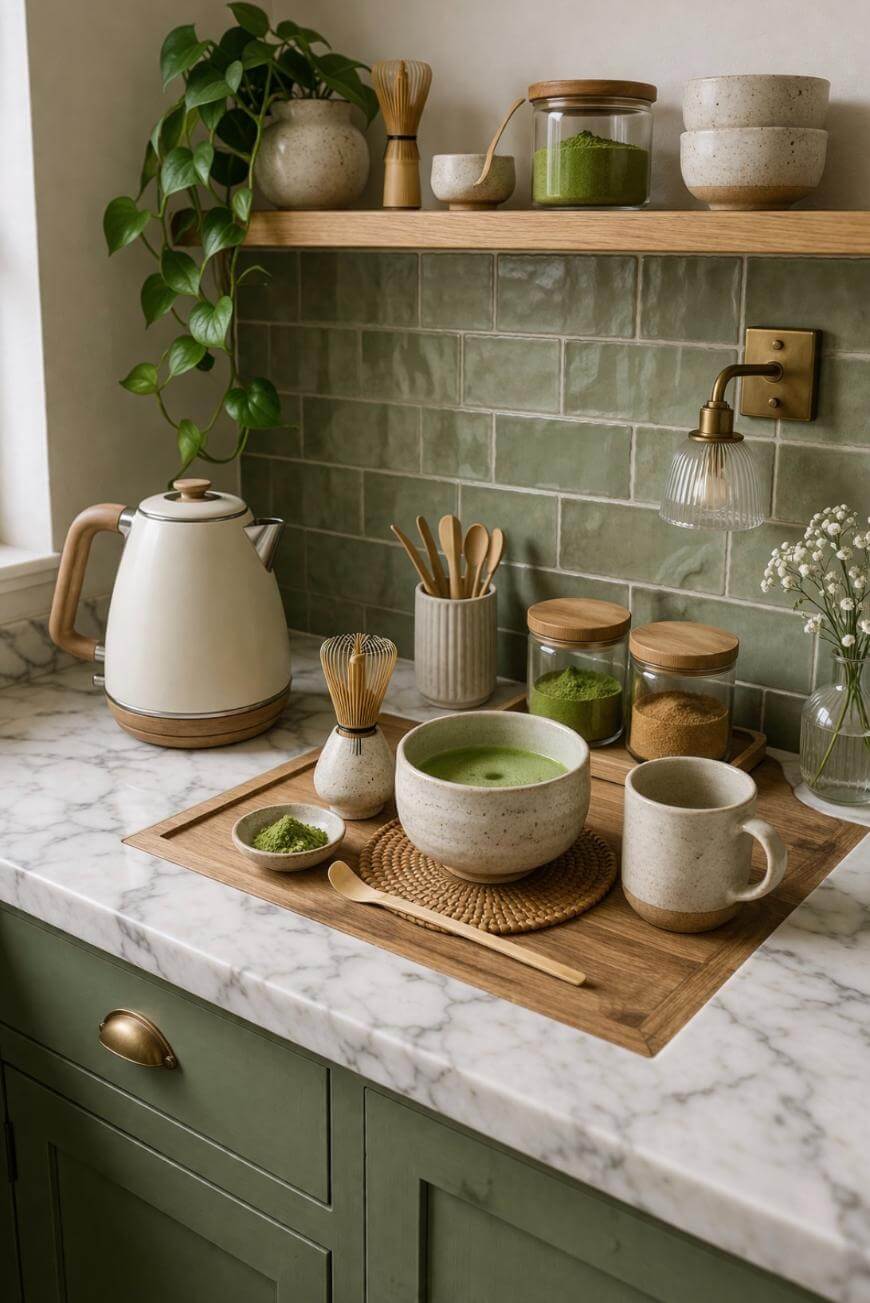 A cozy kitchen counter with a marble surface and green tile backsplash, featuring a wooden tray with a bowl of matcha, a mug, matcha tools, jars with wooden lids, a teapot, and potted plants.