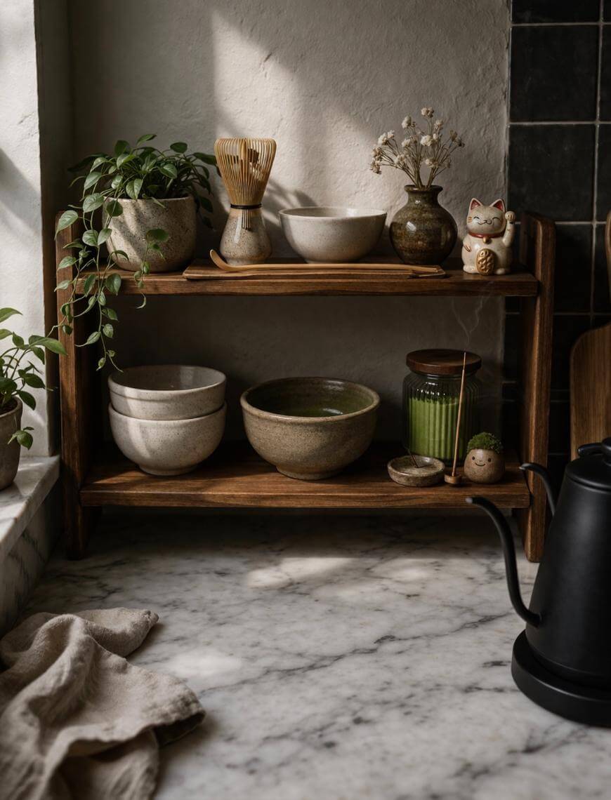 Wooden kitchen shelf with ceramic bowls, cups, a plant, a whisk, a small vase with dried flowers, green candle, figurine, and a lucky cat ornament, set on a marble countertop by a window with soft light.