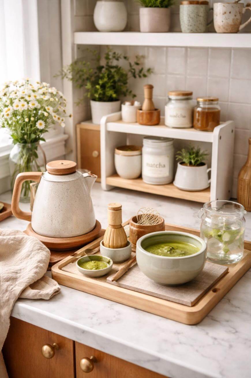 A cozy kitchen scene with a matcha tea set, including a bowl of matcha, whisk, small dish, teapot, and a glass of iced water on a wooden tray. Shelves hold jars, plants, and ceramic containers in the background.