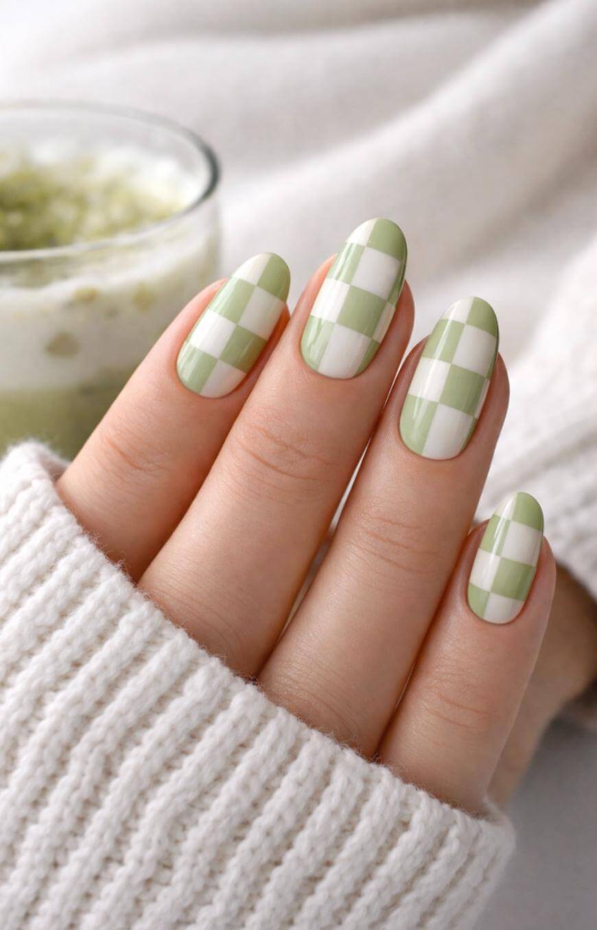 A hand with long, almond-shaped nails painted in a green and white checkerboard pattern, partially covered by a cozy cream-colored sweater. A glass with a green drink is blurred in the background.