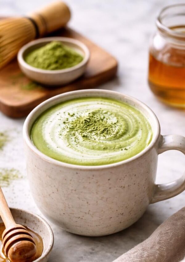 A creamy matcha latte in a ceramic mug, topped with a sprinkle of matcha powder. Nearby are a bowl of matcha, a bamboo whisk, a jar of honey, and a dish with a honey dipper on a marble surface.