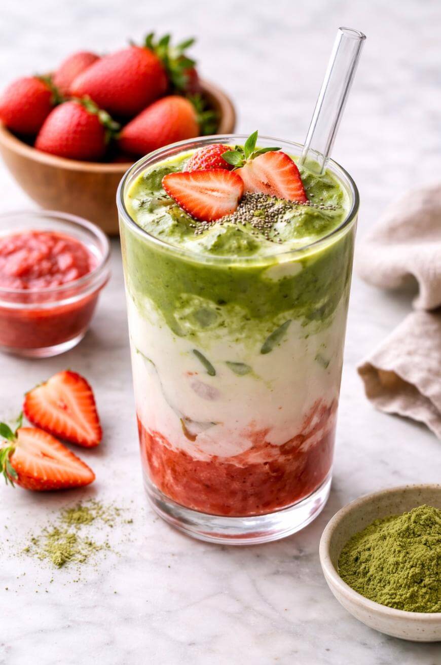 A layered strawberry matcha latte in a glass with a straw, topped with strawberry slices and chia seeds. Fresh strawberries, a bowl of strawberry sauce, and a small dish of matcha powder are nearby on a marble surface.