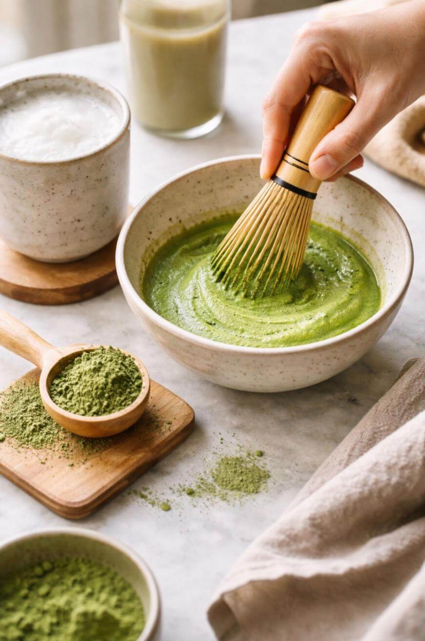 A hand uses a bamboo whisk to mix vibrant green matcha in a ceramic bowl. Nearby are a bowl of white frothy liquid, a wooden spoon with matcha powder, and scattered matcha on a light surface.