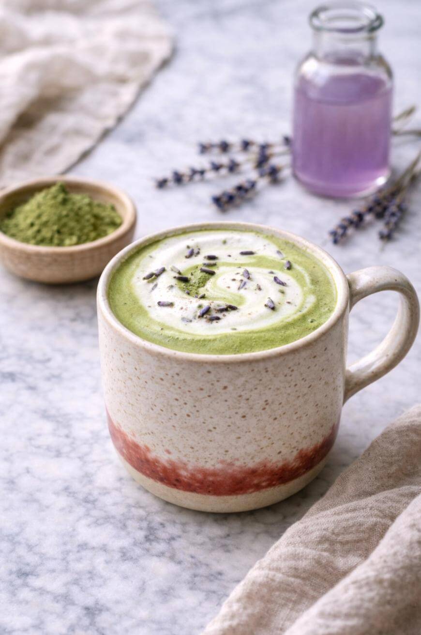 A ceramic mug of matcha latte with foamy milk and lavender buds on top, placed on a light marble surface. Nearby are a small bowl of matcha powder, a glass bottle with purple liquid, and lavender sprigs.