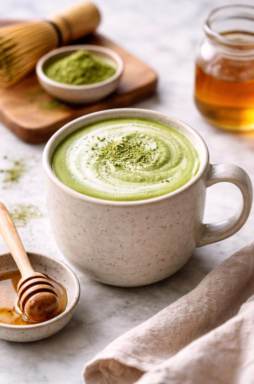 A ceramic mug filled with frothy matcha latte sits on a table, topped with green matcha powder. Nearby are a small bowl of honey with a honey dipper, a dish of matcha powder, a bamboo whisk, and a jar of honey.