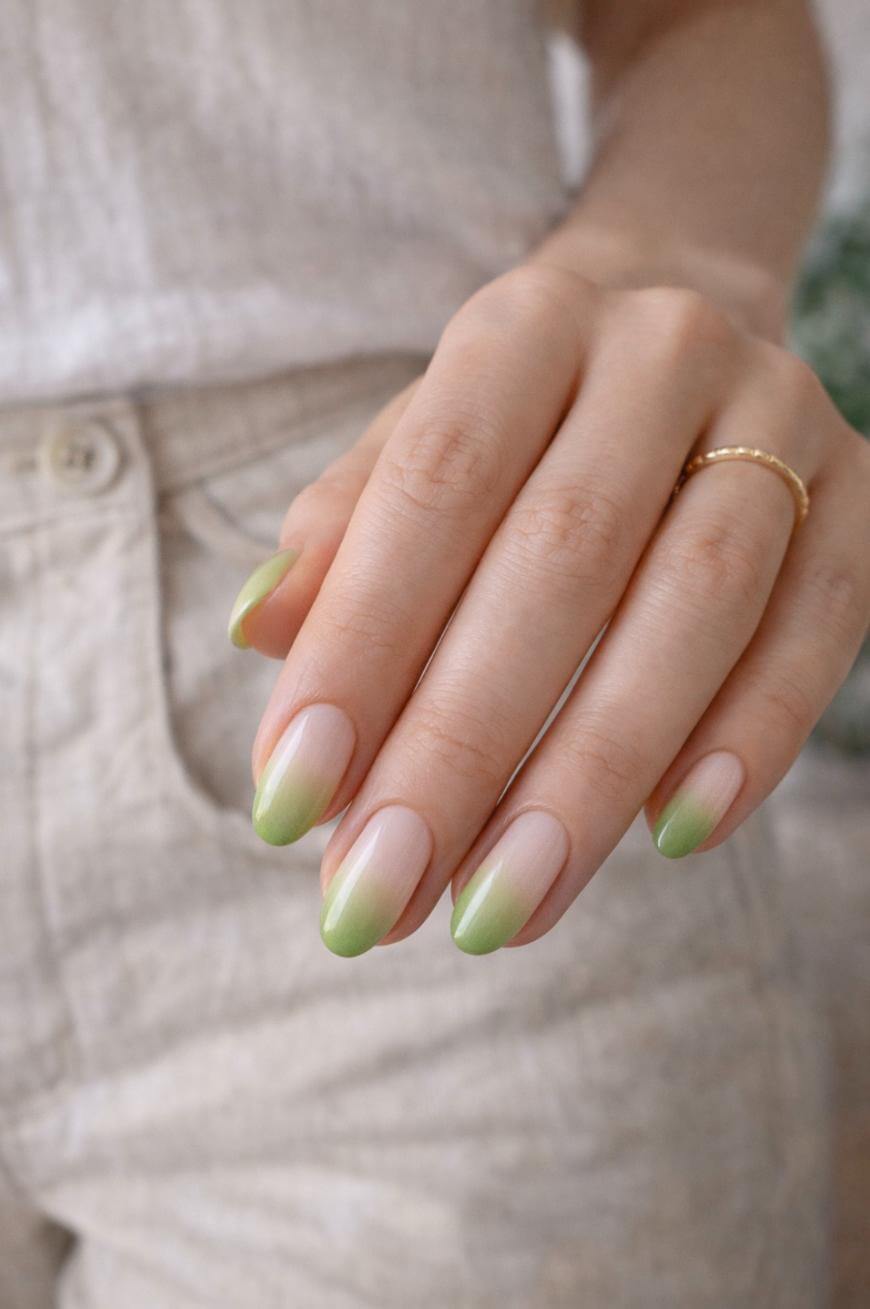 A hand with almond-shaped nails featuring a gradient green French tip manicure, set against a background of beige linen clothing. The person is wearing a simple gold ring on one finger.