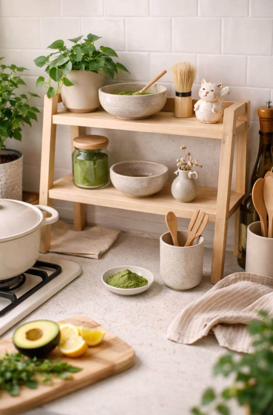 A tidy kitchen counter with wooden shelves holds bowls, a whisk, potted plants, a small cat figurine, and a jar of green paste. Nearby are a pot, kitchen utensils, avocado, lemon slices, and a white cloth.