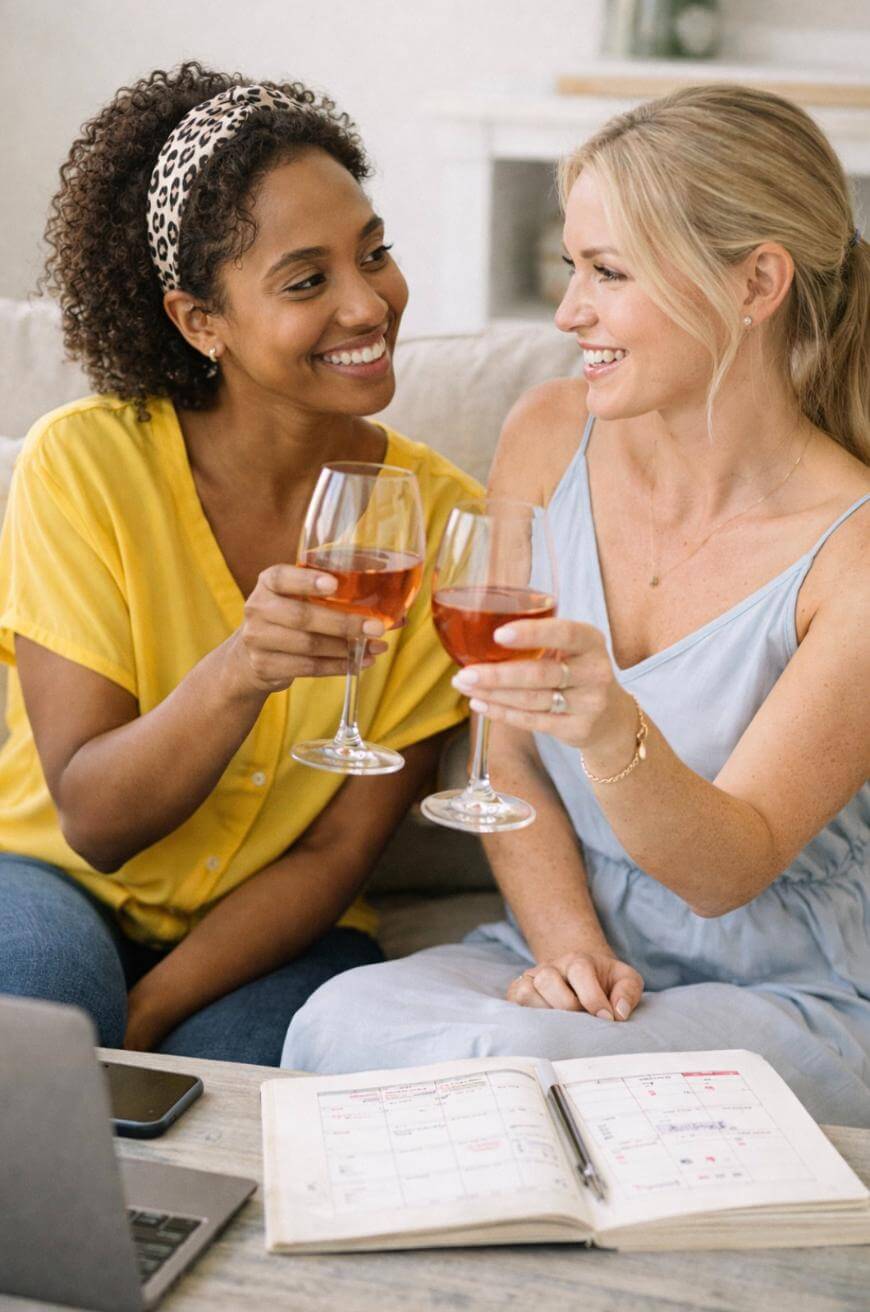 Two women sitting on a couch, smiling and clinking wine glasses. An open planner, smartphone, and laptop are on the table in front of them. Both appear happy and relaxed, enjoying each others company.