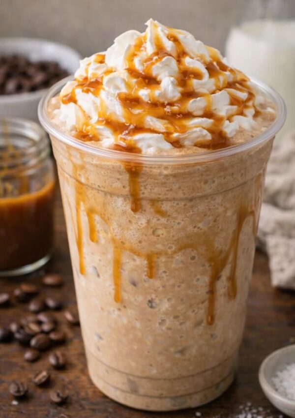 A blended iced coffee drink in a clear plastic cup topped with whipped cream and caramel drizzle, set on a wooden table with coffee beans, caramel sauce, and milk in the background.