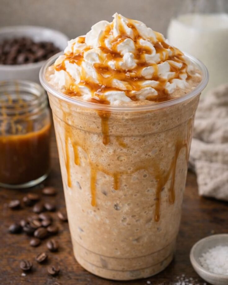 A blended iced coffee drink in a clear plastic cup topped with whipped cream and caramel drizzle, set on a wooden table with coffee beans, caramel sauce, and milk in the background.
